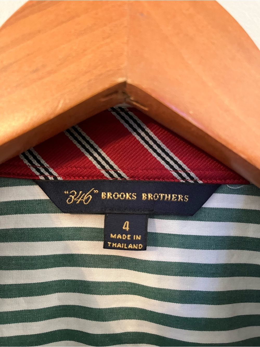 Women’s Green and White Striped Button-Up Shirt with Red Contrast Trim - Picture 3 of 7